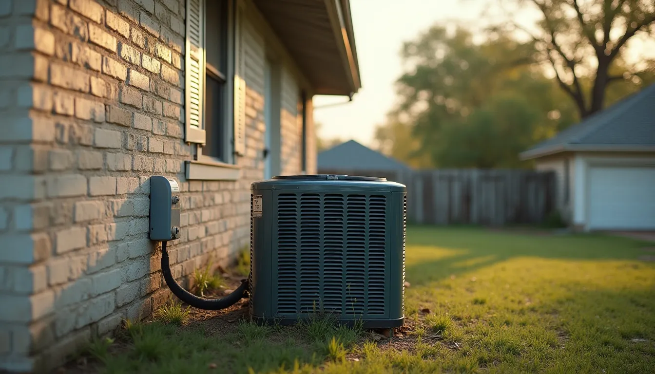 a broken ac unit on the side of a nice suburban house in Corpus Christi, Texas that could have used a HVAC maintenance plan