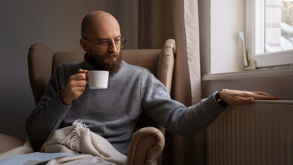 a man with a hot cup of liquid, trying to stay warm during a failing heating system