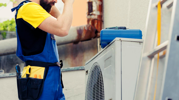 an ac technician looking at the SEER rating of an air conditioning unit