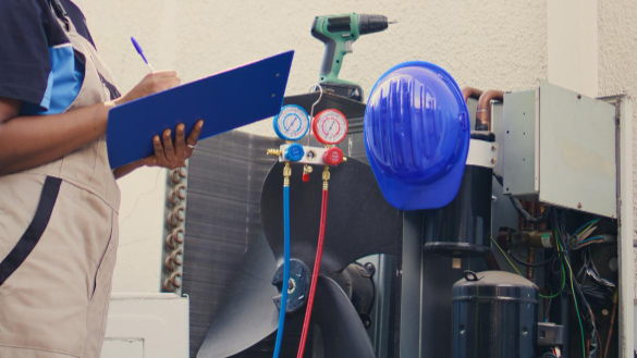 HVAC technician with clipboard inspects an outdoor air conditioning unit with pressure gauges attached after smelling freon
