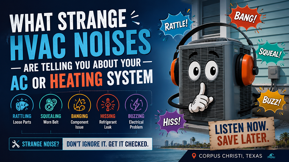 Cartoon HVAC unit wearing headphones with callouts for strange noises near a Corpus Christi coastal home.