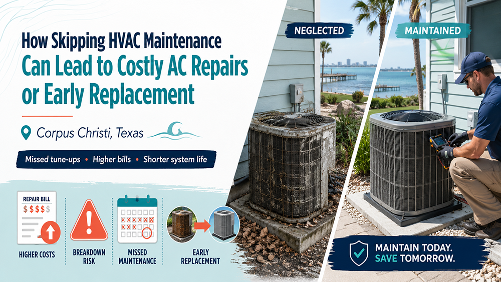 Split view of neglected and maintained AC units at a coastal Corpus Christi home, warning about costly repairs from skipped maintenance.