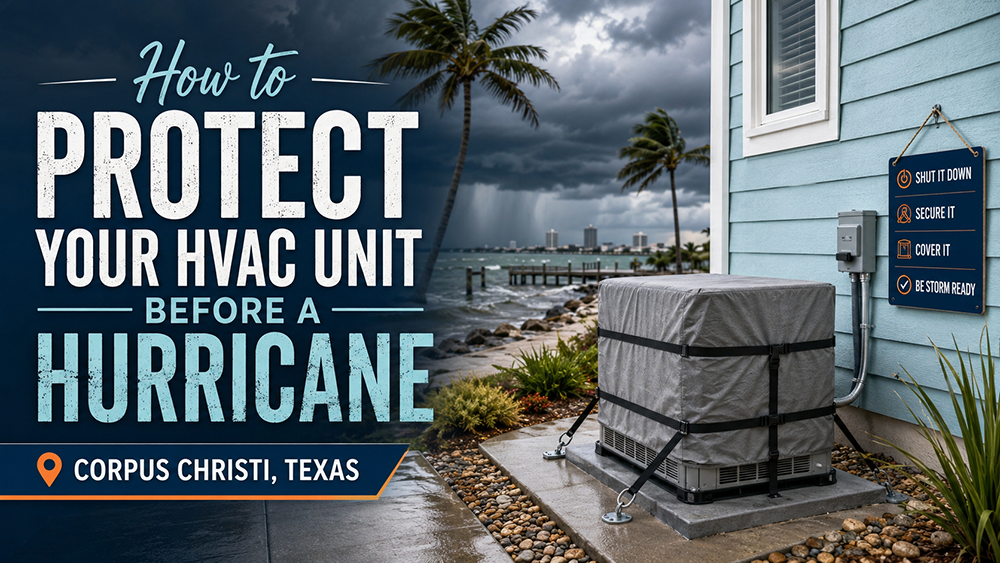 Outdoor HVAC unit secured and covered beside a coastal Corpus Christi home as hurricane storm clouds approach.